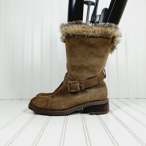 Cougar Brown Leather Fur Trim Buckle Strap Mid Calf Winter Boots E40